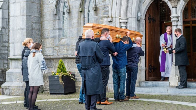 The coffin of Mark O’Sullivan is carried into the Church of the Immaculate Conception, Kanturk, Co Cork. Photograph: Andy Gibson/PA Wire