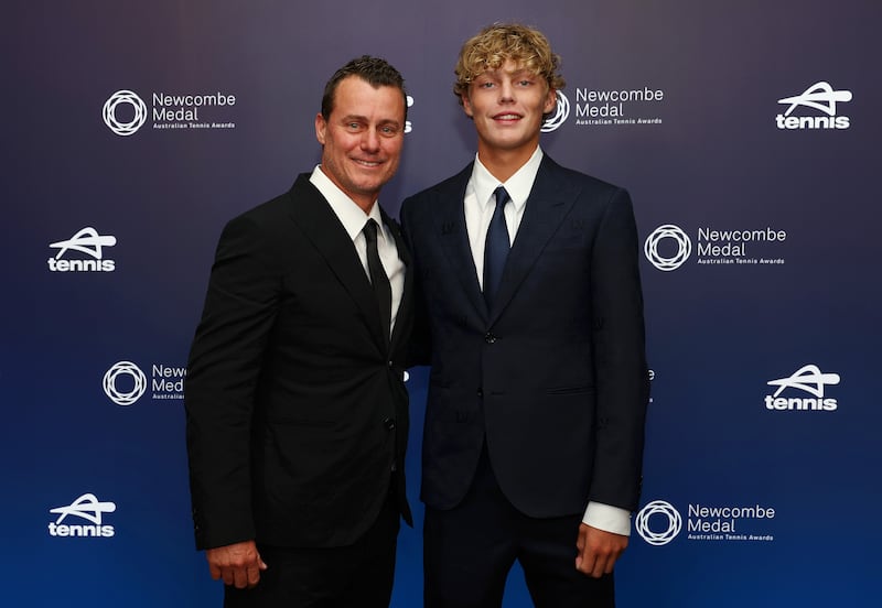 Former world No 1 Lleyton Hewitt with his son Cruz Hewitt. Photograph: Graham Denholm/Getty Images for Tennis Australia