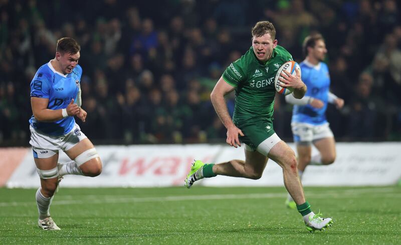 Connacht’s Cathal Forde runs in to score his sides fourth try. Photograph: James Crombie/Inpho