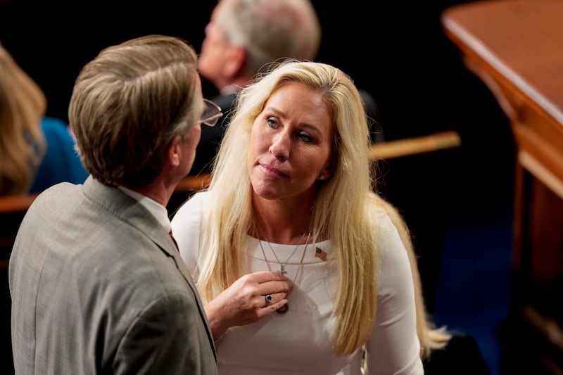 Georgia's Republican Representative Marjorie Taylor Greene in the house chamber on Friday. Photograph: Kent Nishimura/Bloomberg