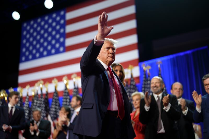 Donald Trump walks off stage at the Palm Beach County Convention Center. Photograph: Doug Mills/The New York Times
                      