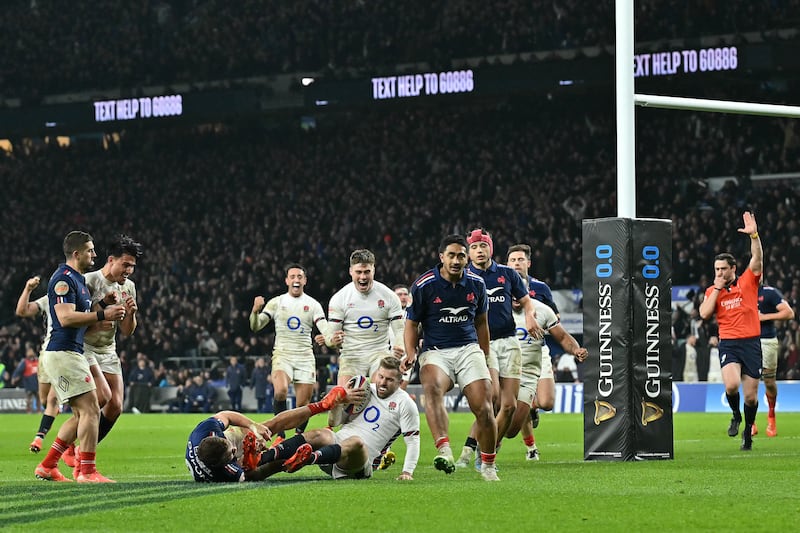 England's Elliot Daly scores his team's fourth try during a sensational Six Nations win over France. Photograph: Glyn Kirk/AFP via Getty Images 