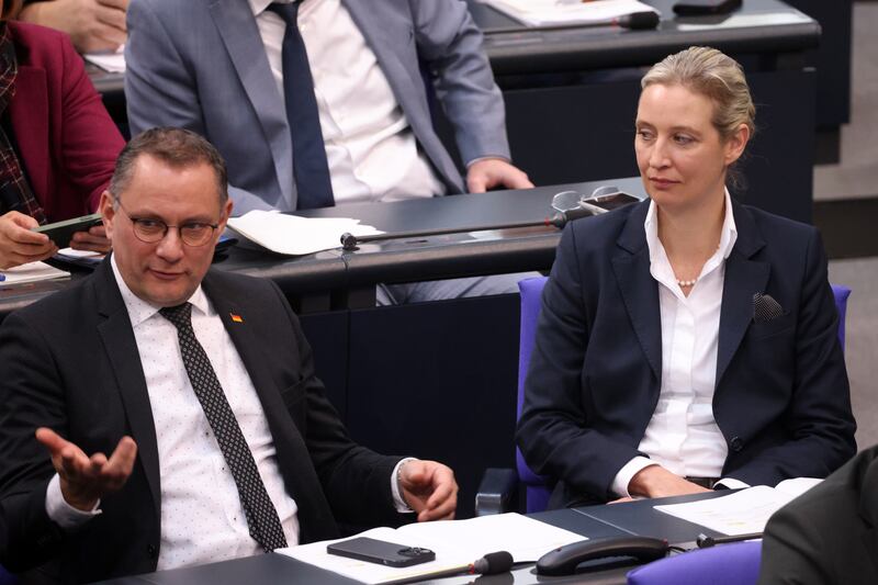 Alternative for Germany party co-leaders Alice Weidel (right) and Tino Chrupalla during a government question time in parliament in Berlin on Wednesday. Photograph: Clemens Bilan/EPA