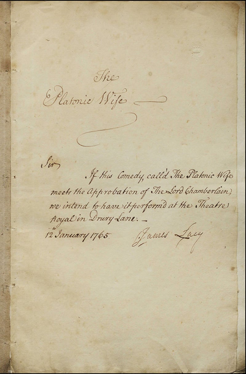 Note on the manuscript of The Platonic Wife, submitted by James Lacy, acting manager of Drury Lane, to the Lord Chamberlain’s office. Photograph: The Huntington Library, San Marino, California.