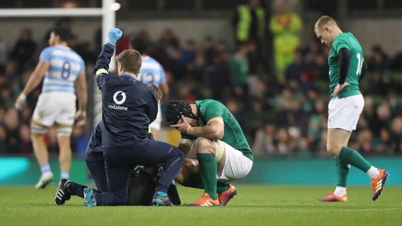 Ireland’s Seán O’Brien suffered a fractured forearm   close to  half-time. Photograph:   Niall Carson/PA Wire