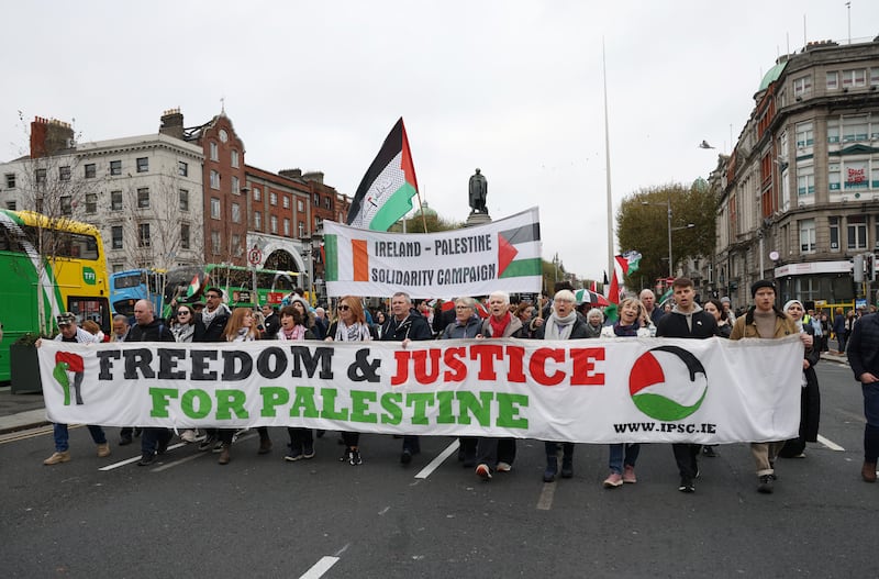 The march makes its way across O'Connell Bridge on Saturday afternoon. Photograph: Bryan O’Brien

