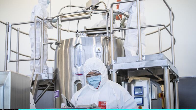 Staff at CSL in Melbourne, Australia, which is manufacturing the AstraZeneca-Oxford University vaccine. Photograph: Darrian Traynor/Getty Images