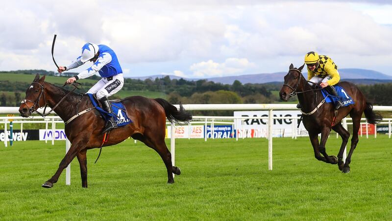 Ruby Walsh and Kemboy racing ahead of Paul Townend onboard Al Boum. Photograph: Tommy Dickson/Inpho