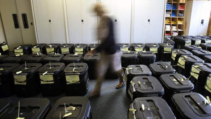 Ballot boxes set for delivery to polling stations across Northern Ireland  at the Newtownards Electoral office in Co Down. Photograph: Niall Carson/PA Wire