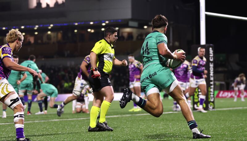 Connacht’s Chay Mullins scores a try against Zebre in their first round Champions Cup game at Dexcom Stadium. Photograph: James Crombie/Inpho