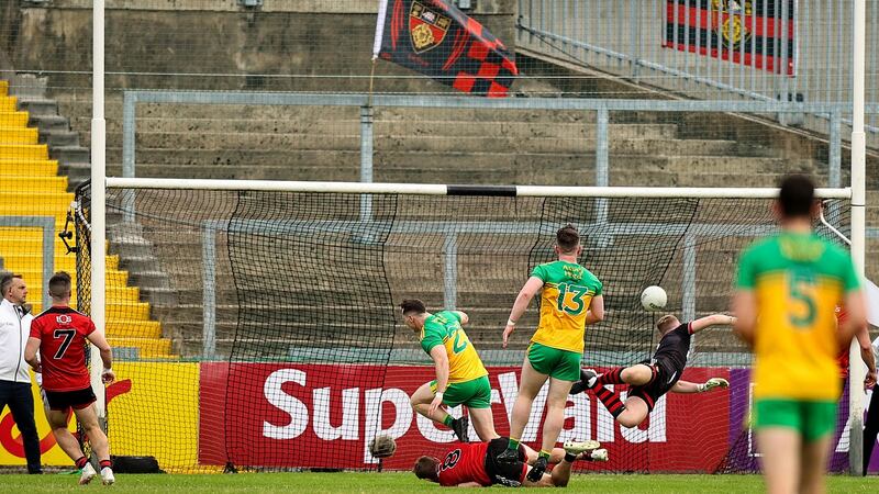 Jamie Brennan of Donegal scores a goal against Down. Photograph: Tommy Dickson/Inpho