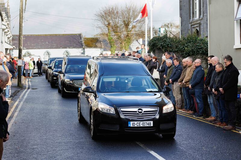 Hearses leaving St Brigid's Church in Corofin on Monday after the funerals of Joe and Claire Collins: The Irish Times understands Ms Collins was asphyxiated and that Mr Collins died by suicide.