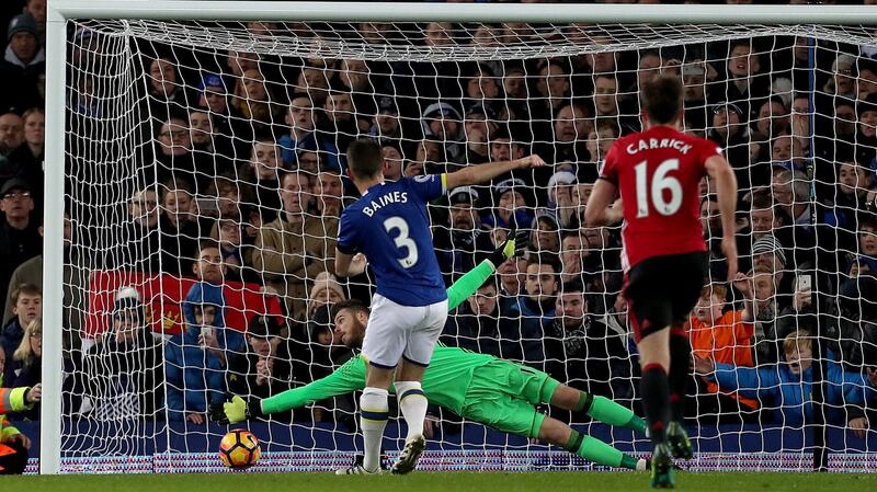 Everton’s Leighton Baines scores his side’s equaliser  at Goodison Park. Photogrpah: Peter Byrne/PA Wire.