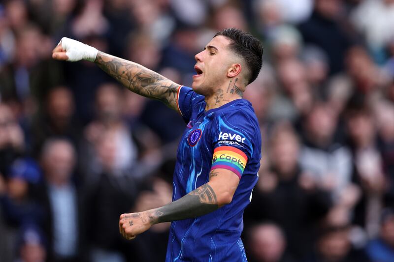 Enzo Fernandez of Chelsea celebrates scoring his team's second goal. Photograph: Julian Finney/Getty Images