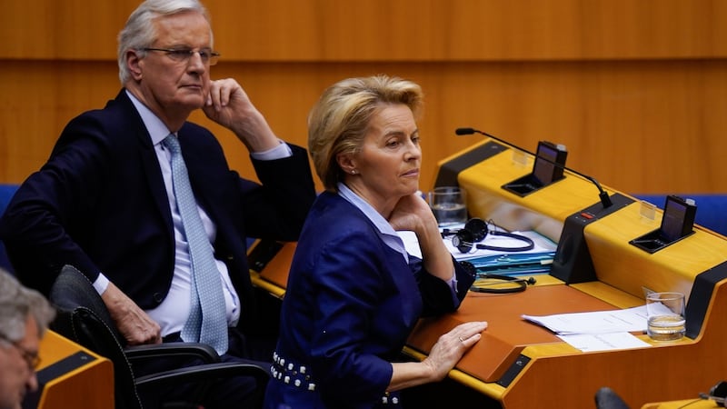 European Commission chief negotiator Michel Barnier (L) and president of the European Commission Ursula von der Leyen look on during the plenary session on Wednesday. Photograph: Kenzo Tribouillard/AFP/Getty Images