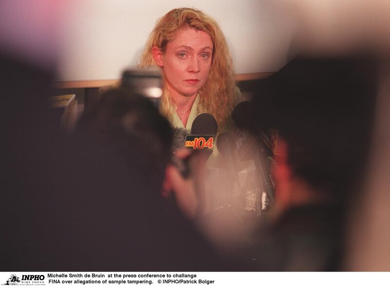 Michelle Smith de Bruin  at the press conference to challange FINA over allegations of sample tampering. Photograph: Patrick Bolger/Inpho