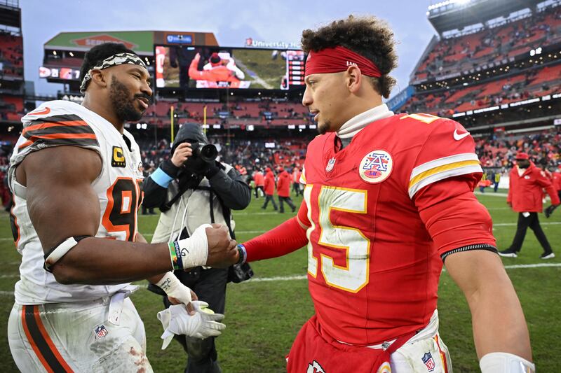 The Kansas City Chiefs' Patrick Mahomes and the Cleveland Browns  Myles Garrett shake hands after the game at Huntington Bank Field, Cleveland. Photograph: Nick Cammett/Getty Images