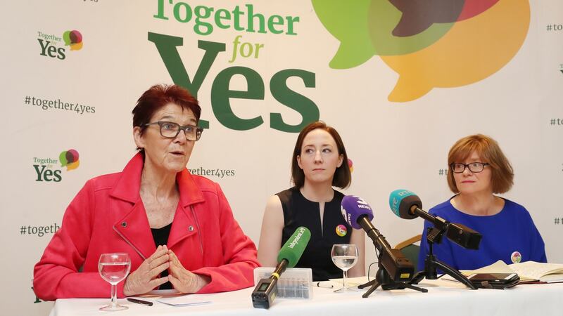 Co-directors of Together For Yes (left to right) Ailbhe Smyth, Gráinne Griffin and Orla O’Connor hold a final press conference  in Dublin. Photograph: Niall Carson/PA