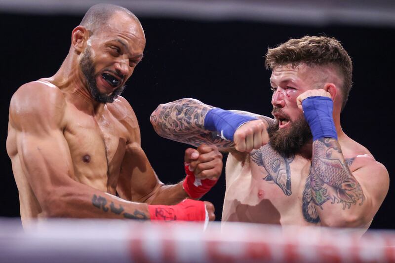 David Mundell (right) punches Harry Coltrane during a Bare Knuckle Fighting Championship event at the Orange County Convention Center  in Orlando, Florida. Photograph: Alex Menendez/Getty Images