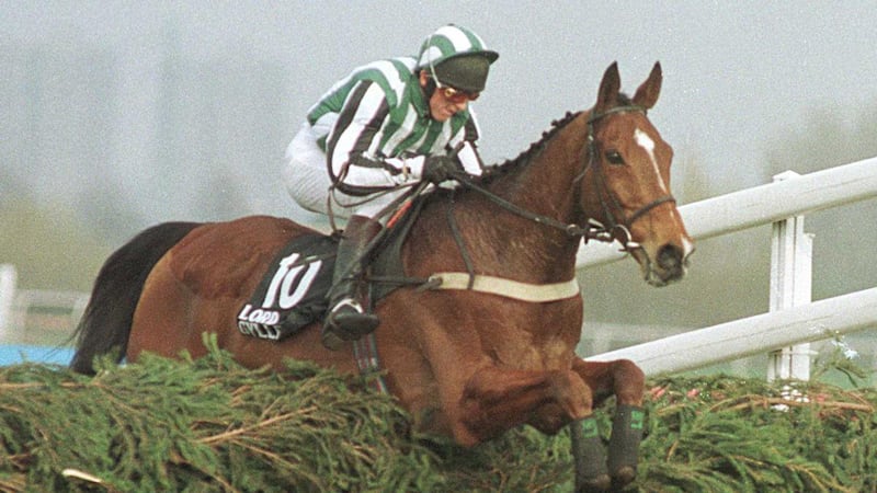 Jockey Tony Dobbin on Lord Gyllene jumps the last fence on his way to victory in the 1997 Grand National, which was finally run on the Monday. Photograph: Inpho/Allsport