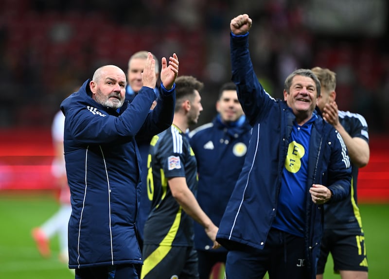 Scotland manager Steve Clarke celebrates after the victory over Poland in Warsaw. Photograph: Rafal Oleksiewicz/PA Wire