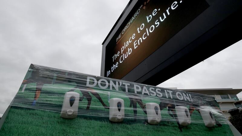 Hand sanitsers in place ahead of the Cheltenham Festival. Photograph: Dan Sheridan/Inpho