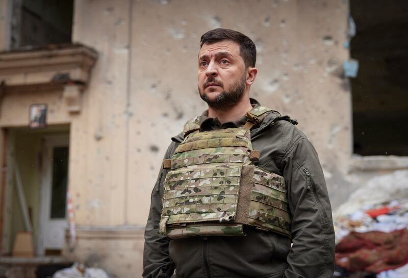 Ukraine's president Volodymyr Zelenskiy on a visit this week to the war-hit Kharkiv region. Photograph: Ukrainian presidential press office via AP