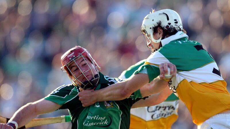 Limerick’s Andrew O’Shaughnessy and David Kenny of Offaly in action during the 2008 All-Ireland hurling qualifier. Photograph: Lorraine O’Sullivan/Inpho