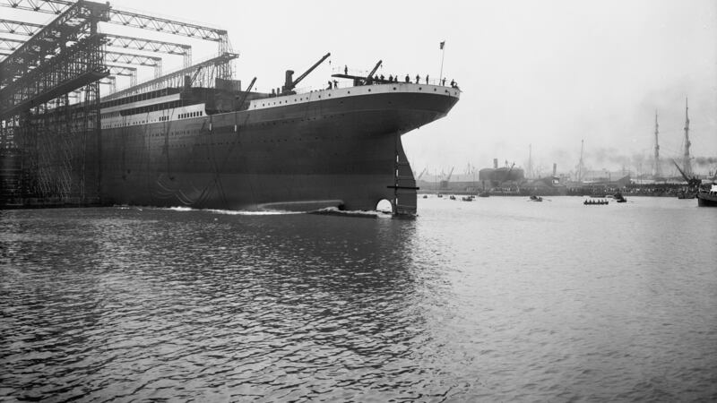 Launch of the Titanic with its port stern entering the water at Harland & Wolffe Shipyards, Belfast,  May 31st, 1911