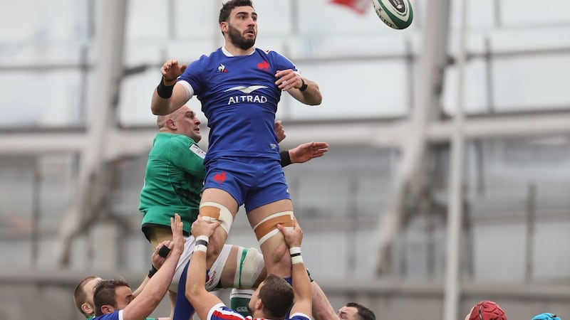 France’s flanker Charles Ollivon is lifted at the Aviva Stadium. Photograph: Brian Lawless/Getty/AFP