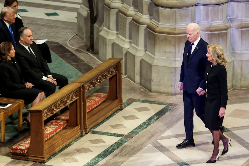 US president Joe Biden and first lady Jill Biden arrive at the funeral. Photograph: Samuel Corum/Sipa/Bloomberg