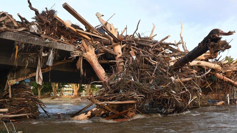 A destroyed bridge is seen in Bad Neuenahr-Ahrweiler, western Germany, on Saturday.  Photograph: Getty