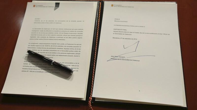 A picture  showing the signature of Catalonia’s president Artur Mas on the decree of announcement for the 9th November’s non-binding Catalonian independence referendum at the regional government’s headquarters in Barcelona today. Photograph: EPA