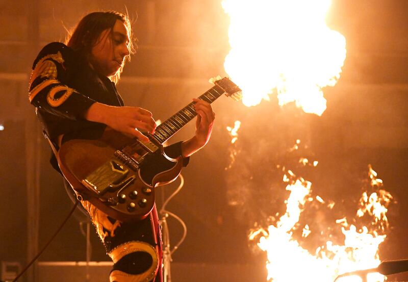 Guitarist Jake Kiszka of Greta Van Fleet performing at Golden 1 Center, Sacramento, California, in March 2023. Photograph: Tim Mosenfelder/Getty