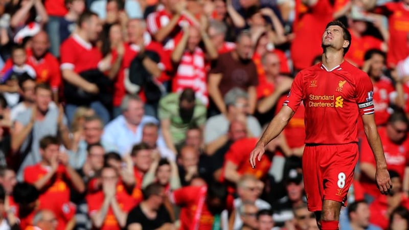 Liverpool’s Steven Gerrard rues a missed chance after Southampton’s Arthur Boruc saved his free kick at Anfield. Photograph: Peter Byrne/PA Wire