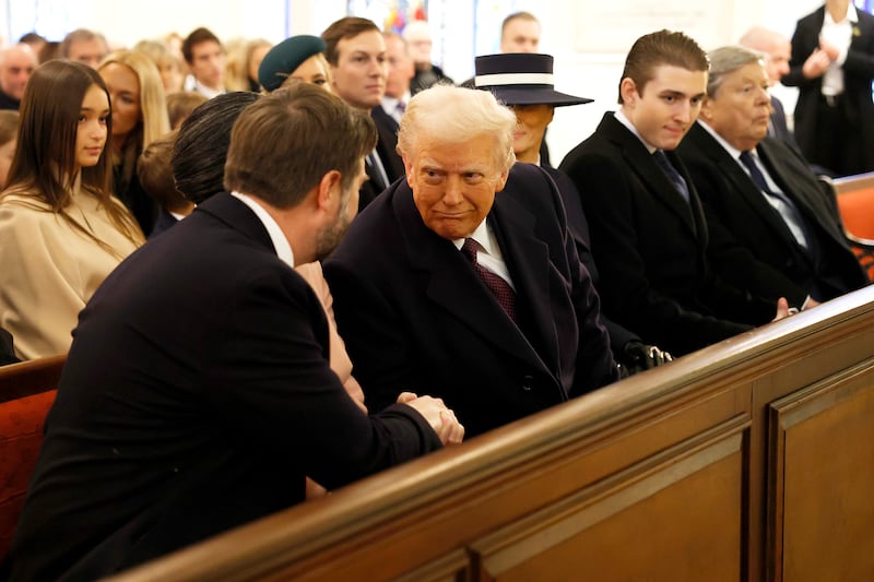  Vice President-elect J.D. Vance ,, Usha Vance, President-elect Donald Trump, Melania Trump, Baron Trump, and Viktor Knavs attends services at St. John's Church Photo by Anna Moneymaker/Getty Images