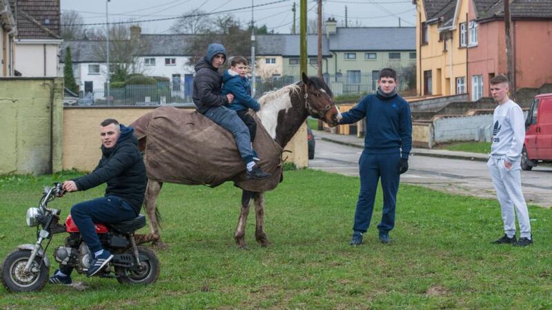 Aaron O’Donoghue, Danny Corbett (7) and friends with their horse Bush at Ballinacurra Weston in Limerick. Photograph: Brenda Fitzsimons