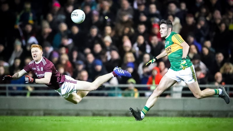 Adrian Varley of Galway in action against  Graham O’Sullivan of Kerry during the Allianz Football League Division 1 game at  Austin Stack Park in Tralee. Photograph: Keith Wiseman/Inpho