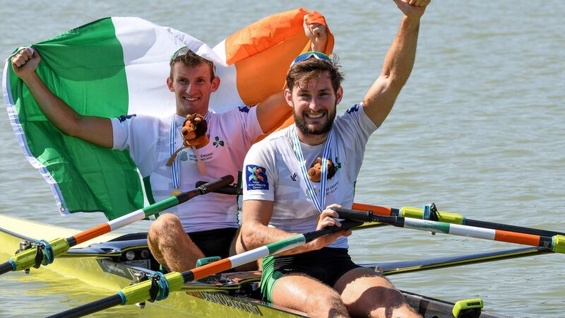 Paul and Gary O’Donovan celebrate their victory at the 2018 World Rowing Championships in Plovdiv, Bulgaria. Photograph: Detlev Seyb/Inpho