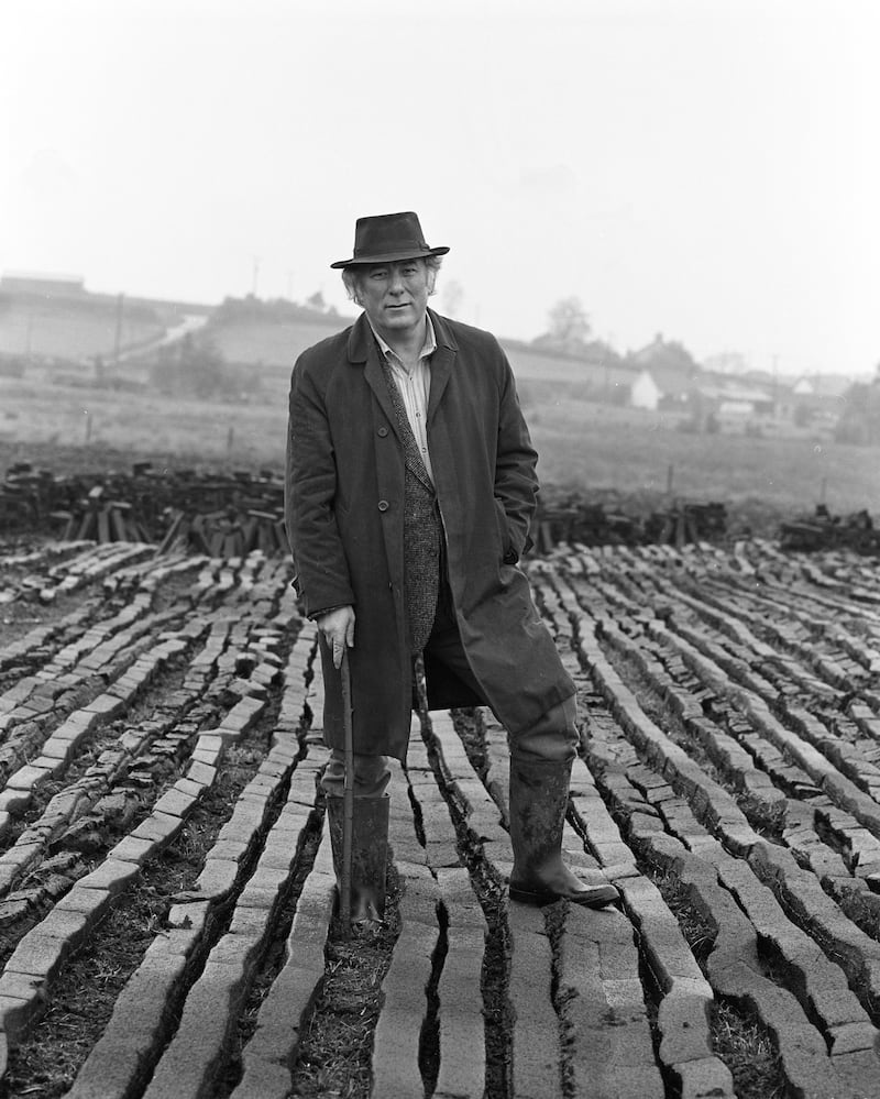 Seamus Heaney at Bellaghy bog in 1986, wearing his father's coat, hat and walking stick. Photograph: Bobbie Hanvey Photographic Archives/John J Burns Library/Boston College