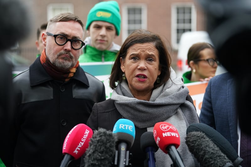 Sinn Féin leader Mary Lou McDonald speaking to the media outside Government Buildings, Dublin, on the last day of campaigning ahead of the General Election on Friday. Photograph: Brian Lawless/PA Wire