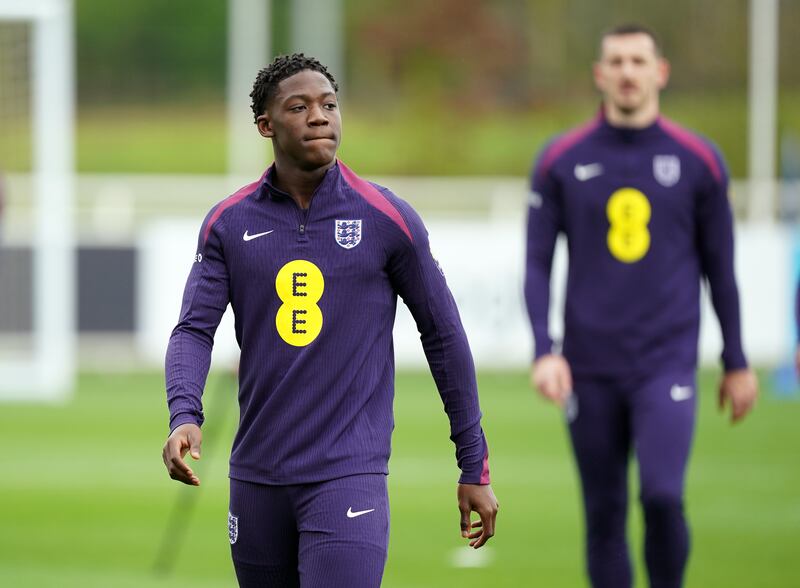 England's Kobbie Mainoo during a training session at St George's Park, Burton upon Trent, on Wednesday. Photograph: Mike Egerton/PA Wire