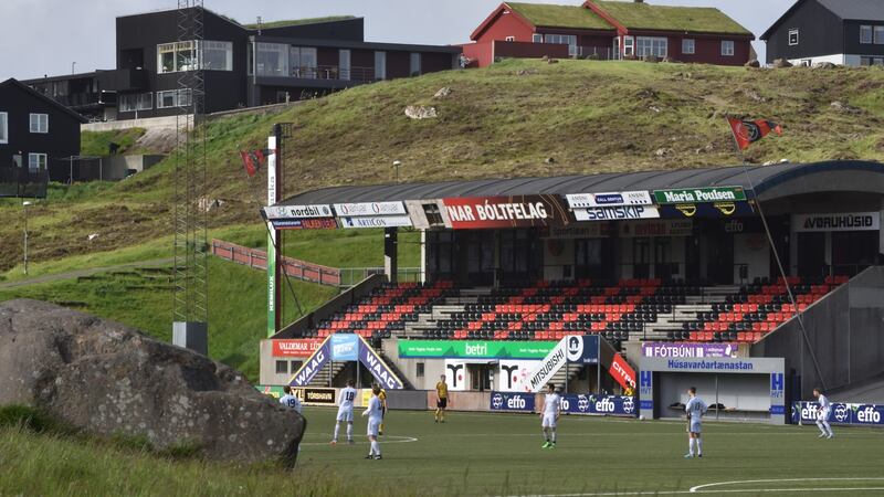 Action from a game in Tórshavn in the Faroe Islands. Standard-wise, he’d put Faroes football at the bottom of the quality league so far.