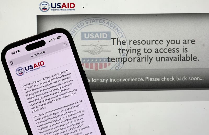 A message appears on the USAID website after the Trump administration issued a directive that all USAID direct hire personnel would be placed on administrative leave. Photograph: Justin Sullivan/Getty Images