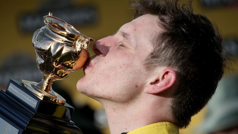 Paul Townend  celebrates winning the Cheltenham Gold Cup with Al Boum Photo at Cheltenham last year. Photograph: Dan Sheridan/Inpho