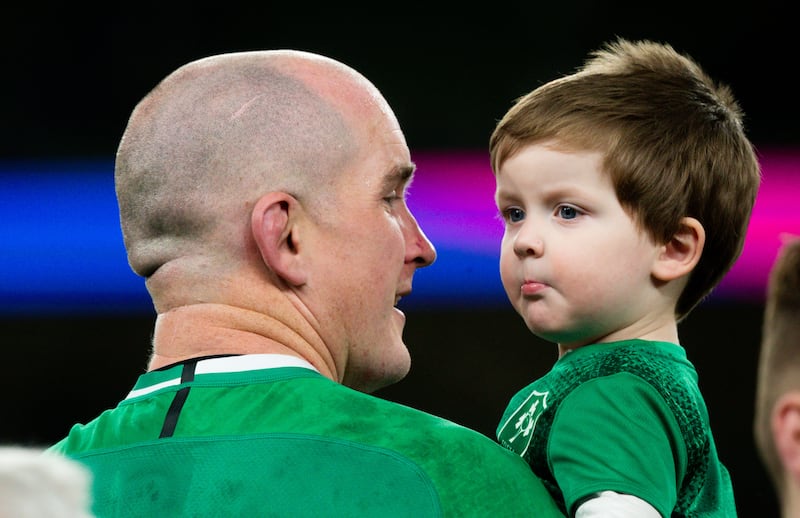 Toner and his son Max after Ireland beat Scotland at the Aviva Stadium in 2020. File photograph: Tom Honan/The Irish Times.