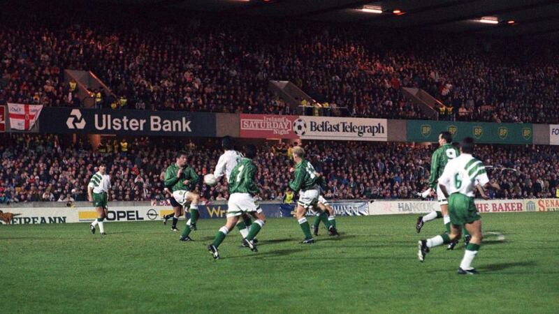 Alan McLoughlin scores the goal that qualified Ireland for the 1994 World Cup against Northern Ireland at Windsor Park. Photograph: David Maher/Sportsfile