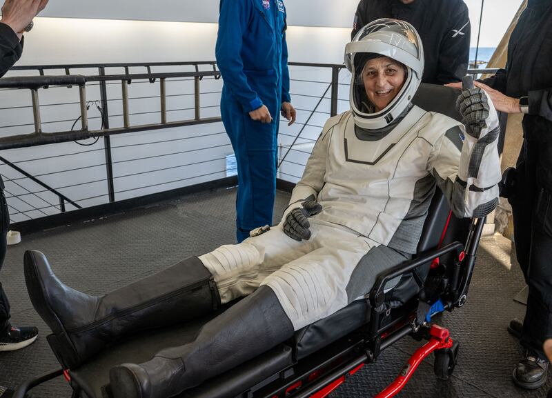 Nasa astronaut Suni Williams is helped out of the SpaceX Dragon spacecraft onboard the SpaceX recovery ship Megan after she and fellow Nasa astronauts Nick Hague and Butch Wilmore, and Roscosmos cosmonaut Aleksandr Gorbunov landed on the water on March 18th, 2025 off the coast of Tallahassee, Florida. Photograph: Keegan Barber/Nasa via Getty Images