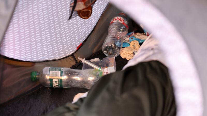 A syringe inside a tent early on Wednesday morning in Dublin city centre. Photograph: Dara Mac Dónaill/The Irish Times