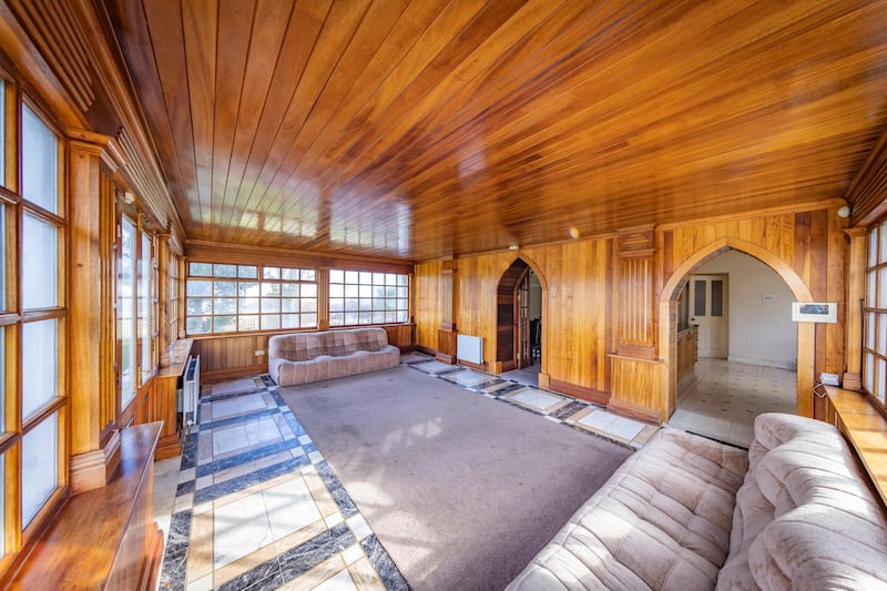 A family room with gothic features is a later addition.